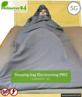 Shielding sleeping bag SET Electrosmog PRO all inclusive. Protection against electrosmog HF (up to 41 dB) for on the way. Groundable. Effective against 5G!
