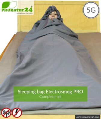 Shielding sleeping bag SET Electrosmog PRO all inclusive. Protection against electrosmog HF (up to 41 dB) for on the way. Groundable. Effective against 5G!