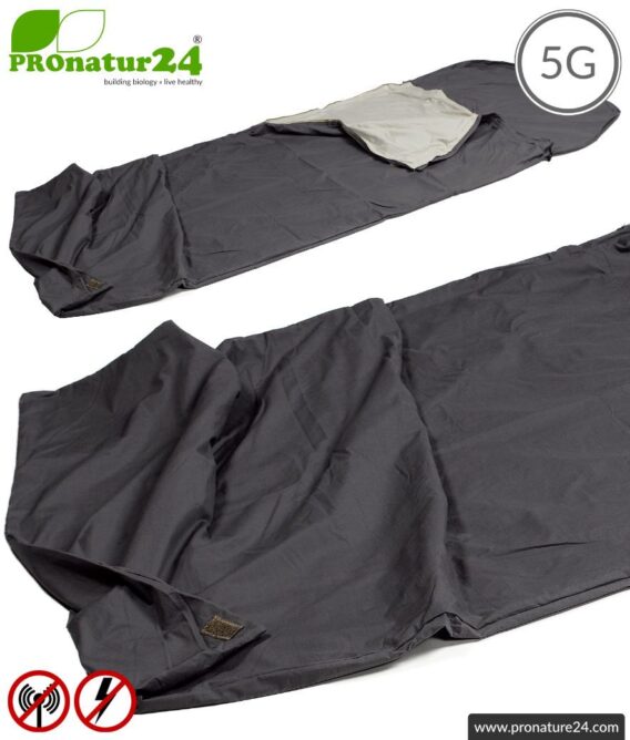 Shielding sleeping bag SET Electrosmog PRO all inclusive. Protection against electrosmog HF (up to 41 dB) for on the way. Groundable. Effective against 5G!