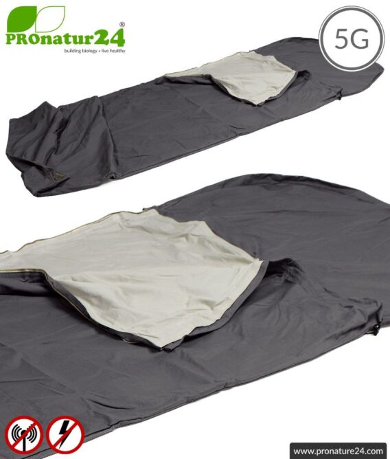 Shielding sleeping bag SET Electrosmog PRO all inclusive. Protection against electrosmog HF (up to 41 dB) for on the way. Groundable. Effective against 5G!