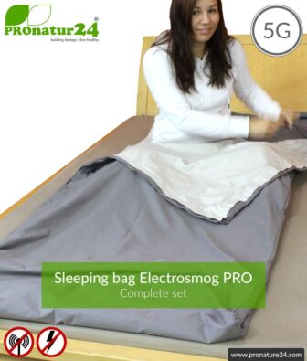 Shielding sleeping bag SET Electrosmog PRO all inclusive. Protection against electrosmog HF (up to 41 dB) for on the way. Groundable. Effective against 5G!