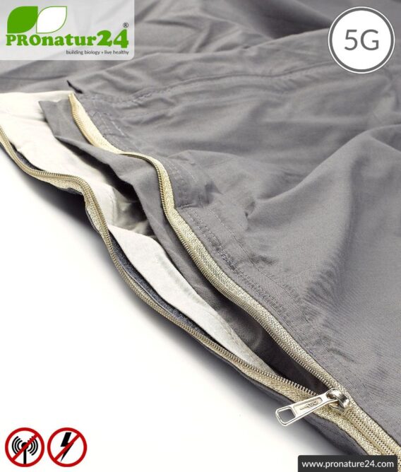 Shielding sleeping bag SET Electrosmog PRO all inclusive. Protection against electrosmog HF (up to 41 dB) for on the way. Groundable. Effective against 5G!