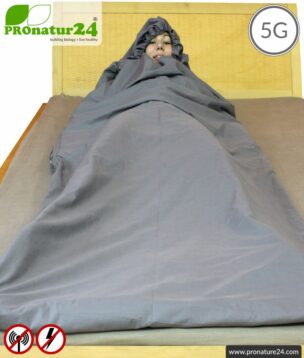 Shielding sleeping bag TSB Elektrosmog PRO with protection against HF electrosmog by radio up to 41 dB (WLAN, mobile phone). Groundable. Effective against 5G!
