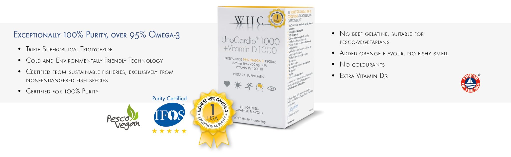 WHC UnoCardio® 1000 + Vitamin D 1000 | OMEGA-3 fatty acids | 60 softgels