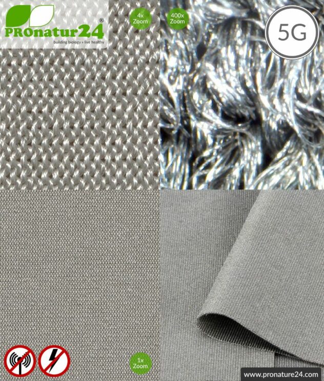 SILVER ELASTIC shielding fabric for clothing. Up to 50 dB attenuation of HF radiation. Groundable. Effective against 5G!