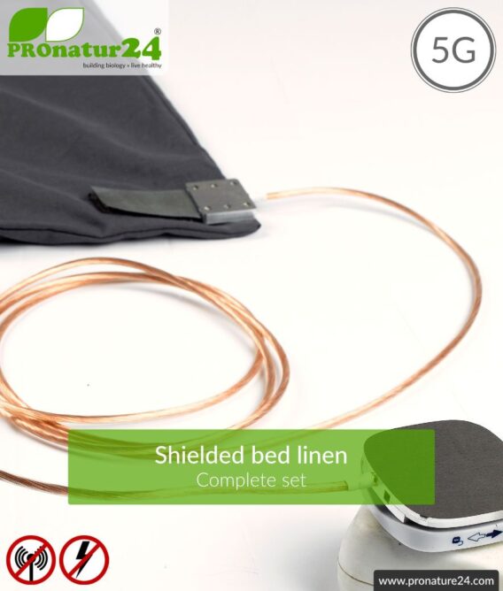 Shielding bed linen TBL set all inclusive. Shielding against HF electrosmog up to 41 dB (WIFI, mobile phone). Groundable. Effective against 5G!