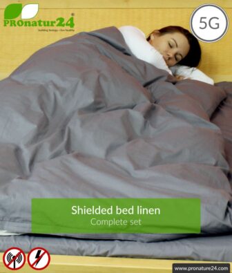 Shielding bed linen TBL set all inclusive. Shielding against HF electrosmog up to 41 dB (WIFI, mobile phone). Groundable. Effective against 5G!