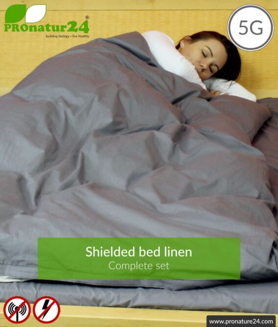 Shielding bed linen TBL set all inclusive. Shielding against HF electrosmog up to 41 dB (WIFI, mobile phone). Groundable. Effective against 5G!