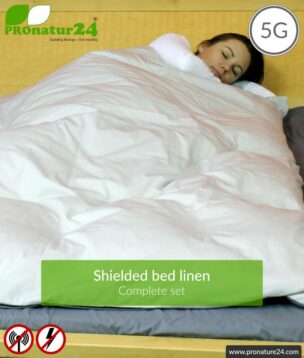 Shielding bed linen TBL set all inclusive. Shielding against HF electrosmog up to 41 dB (WIFI, mobile phone). Groundable. Effective against 5G!