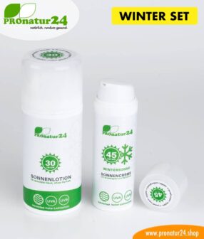 Sun cream SKIING SET: SPF 30 + 45 mineral sun protection, BIO ingredients, UVA, UVB, waterproof. NO CRUDE OIL, NO ALLERGENS, and much more.