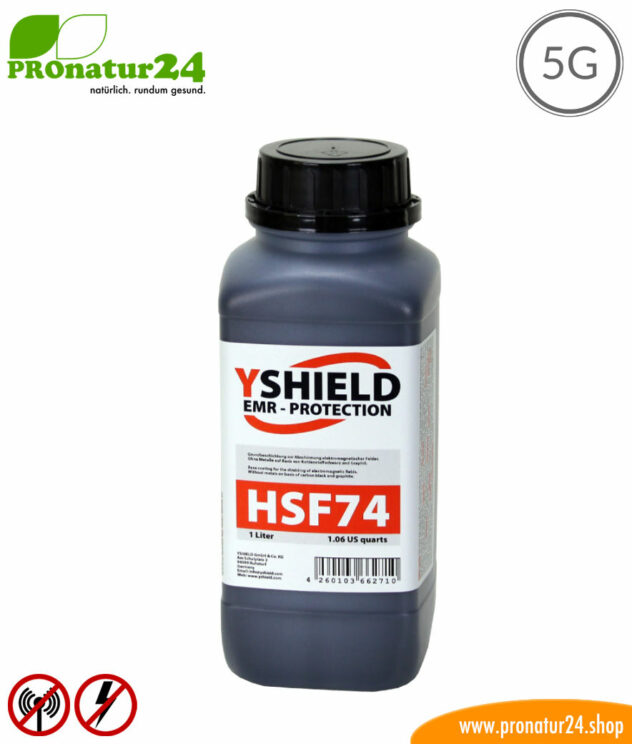 HSF74 shielding paint by YSHIELD, HF attenuation of up to 45 dB, LF grounding mandatory. Without preservatives. 5G ready!
