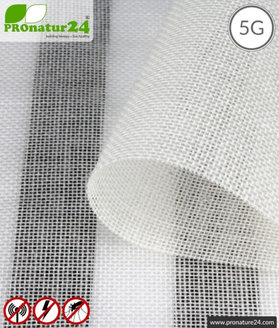 NATURELL shielding material for curtains and canopies. HF shielding up to 38 dB from electrosmog by FUNK, WLAN, DECT, LTE. 5G ready!