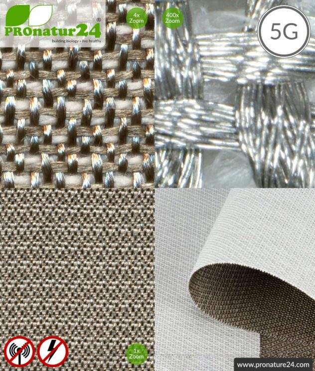 Shielding fabric SILVER TWIN for e.g. curtains. HF shielding up to 57 dB, groundable. Effective against 5G!
