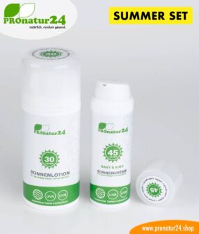 Sun cream SUMMER SET: SPF 30 + 45 mineral protection, BIO ingredients, UVA, UVB, waterproof. NO CHEMICALS, NO ALLERGENS, and much more. Ideal for NUDE BATHING / NUDISM