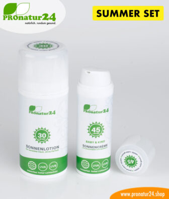 Sun cream SUMMER SET: SPF 30 + 45 mineral protection, BIO ingredients, UVA, UVB, waterproof. NO CHEMICALS, NO ALLERGENS, and much more. Ideal for NUDE BATHING / NUDISM