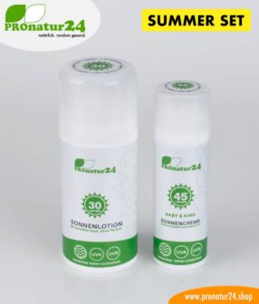 Sun cream SUMMER SET: SPF 30 + 45 mineral protection, BIO ingredients, UVA, UVB, waterproof. NO CHEMICALS, NO ALLERGENS, and much more. Ideal for NUDE BATHING / NUDISM
