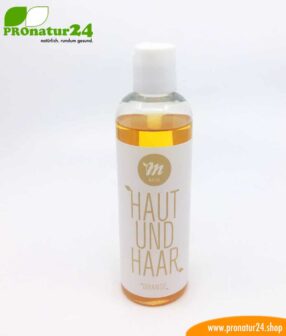 “All-in-one” Skin and Hair shampoo by UNI SAPON. With a fresh orange fragrance.