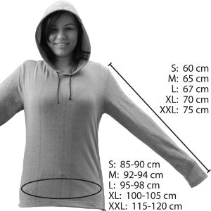 Size chart for the shielding hoodie TEO