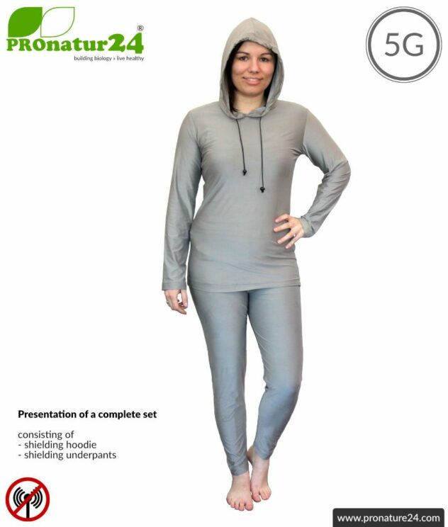 Shielding clothing set with hoodie and pants. Protection up to 50 dB against HF electrosmog (mobile phones, WIFI, LTE) for electro-sensitive people. Effective against 5G!