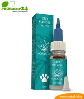 CBD hemp oil for DOGS and PUPPIES. Positive effect for dogs with 4% CBD proportion. Without THC. Biologically produced by Nordic Oil.