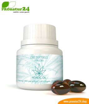 CBD SOFTGEL CAPSULES of cannabis plant with 10% CBD content. Without THC. Biologically produced by Nordic Oil.