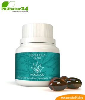 CBD SOFTGEL CAPSULES of cannabis plant with 4% CBD content. Without THC. Biologically produced by Nordic Oil.
