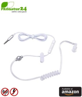 KKmoon air tube monaural in-ear headset with microphone. Against electrosmog by air tube technology. Jack plug. For iPhone, Android, smartphones. Available at Amazon.