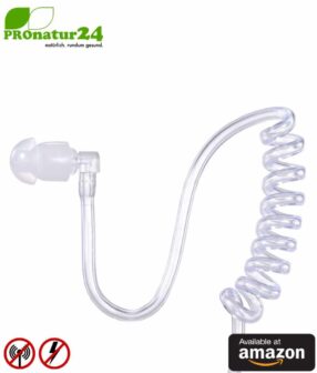 KKmoon air tube monaural in-ear headset with microphone. Against electrosmog by air tube technology. Jack plug. For iPhone, Android, smartphones. Available at Amazon.