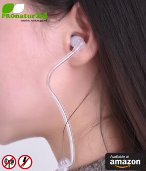 KKmoon air tube monaural in-ear headset with microphone. Against electrosmog by air tube technology. Jack plug. For iPhone, Android, smartphones. Available at Amazon.