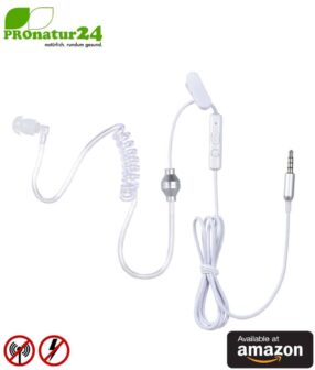 KKmoon air tube monaural in-ear headset with microphone. Against electrosmog by air tube technology. Jack plug. For iPhone, Android, smartphones. Available at Amazon.