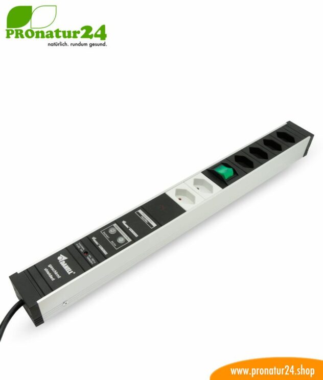 Shielded PC power strip with full protection filter system, 6 sockets (4+2) – also filters up to 80 MHz (PLC Powerline), Type J