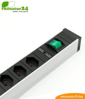 Shielded power strip with on/off switch, 6 sockets, Type J