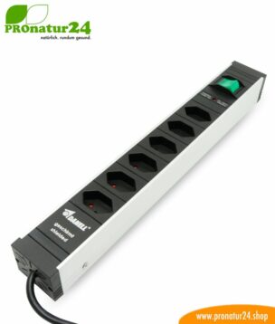 Shielded power strip with on/off switch, 6 sockets, Type J