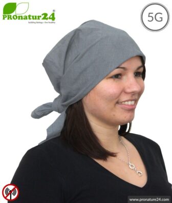 Shielding headscarf TKG with 41 dB shielding attenuation. Protection against HF electrosmog (mobile phone, WIFI, LTE). Not stretchable, grey, 2 variants. Effective against 5G!