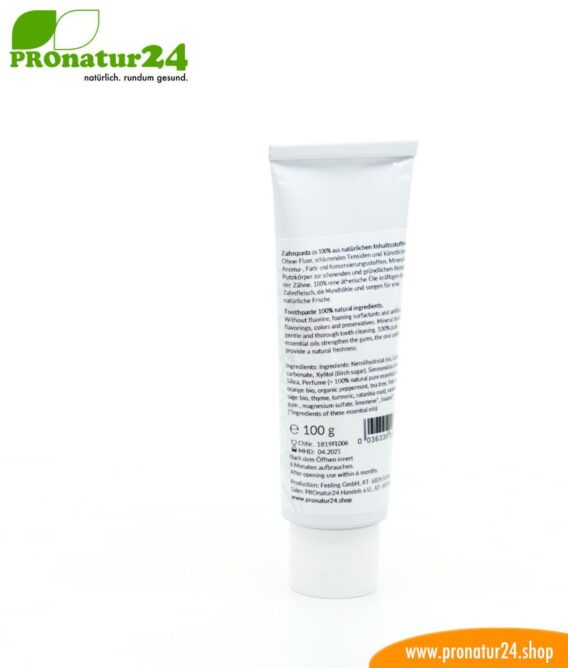 Toothpaste fresh. With a mineral brush and without fluorine / fluoride, without sugar * or artificial sweetener, without foaming surfactants and much more.