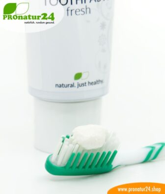 Toothpaste fresh. With a mineral brush and without fluorine / fluoride, without sugar * or artificial sweetener, without foaming surfactants and much more.