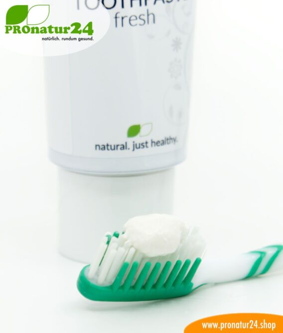 Toothpaste fresh. With a mineral brush and without fluorine / fluoride, without sugar * or artificial sweetener, without foaming surfactants and much more.