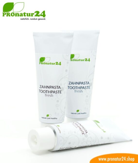 Toothpaste fresh. With a mineral brush and without fluorine / fluoride, without sugar * or artificial sweetener, without foaming surfactants and much more.