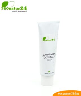 TOOTHPASTE fruity for children. Tastes fruity of tangerine. Without fluorine / fluoride, without sugar* or artificial sweetener, without foaming surfactants and much more.