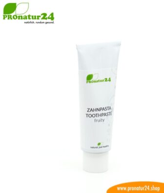 TOOTHPASTE fruity for children. Tastes fruity of tangerine. Without fluorine / fluoride, without sugar* or artificial sweetener, without foaming surfactants and much more.