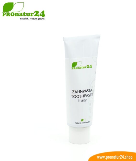 TOOTHPASTE fruity for children. Tastes fruity of tangerine. Without fluorine / fluoride, without sugar* or artificial sweetener, without foaming surfactants and much more.