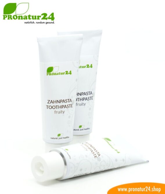 TOOTHPASTE fruity for children. Tastes fruity of tangerine. Without fluorine / fluoride, without sugar* or artificial sweetener, without foaming surfactants and much more.