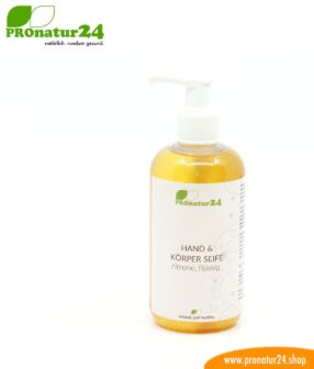 HAND & BODY SOAP lemon, liquid. A liquid soap which is also a wonderful shower gel. Pore-deep cleansing and nourishing at the same time.