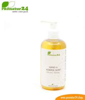 HAND & BODY SOAP lemon, liquid. A liquid soap which is also a wonderful shower gel. Pore-deep cleansing and nourishing at the same time.
