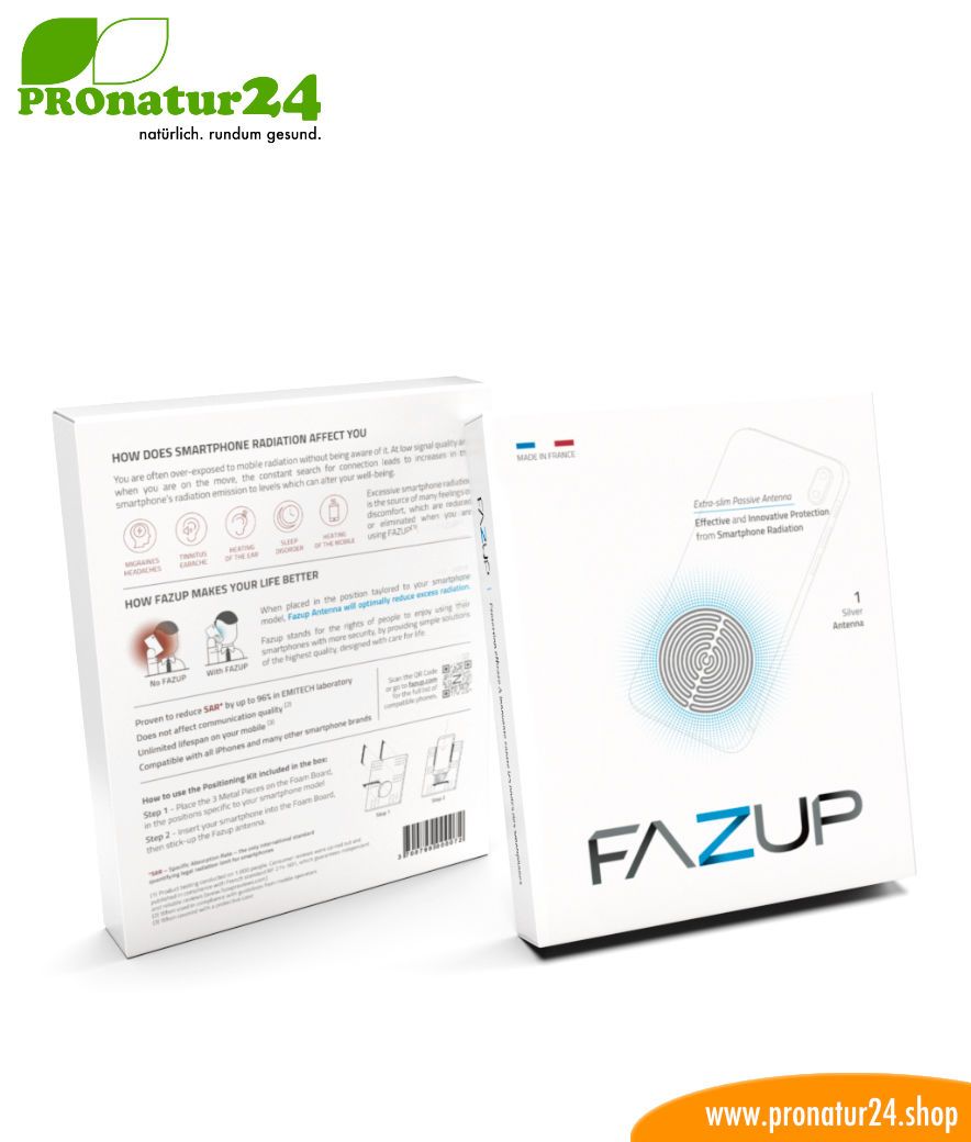 FAZUP silver. Passive antenna for reduction from mobile phone radiation! Innovative protection against electrosmog from iPhone, Samung, Huawei. Stick on like harmonizing chip.