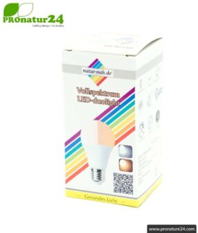 12 watts LED full spectrum DuoLight | Nature-like flicker-free light | 5200 K + 4000 K + 2900 K | Bright as 100 watts | 1000 lumen. E27 socket. 13 LED bulb full spectrum DuoLight. Natural flicker-free light with 12 Watt (like 100 Watt). 5200 K + 4000 K + 2900 K. 1000 lumen. E27.