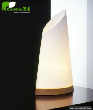 Shaded table lamp in sail shape, mouth blown opal glass, 41 cm height, beech wood base, E27 socket, 60 watt