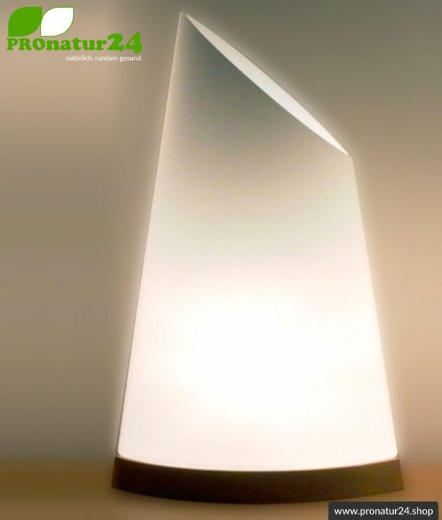 Shaded table lamp in sail shape, mouth blown opal glass, 41 cm height, beech wood base, E27 socket, 60 watt