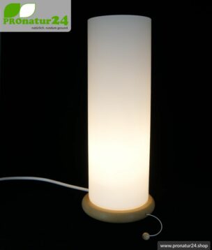 Shielded table lamp in cylinder form, mouth blown opal glass, 37 cm height, beech wood base, E27 socket, 40 Watt