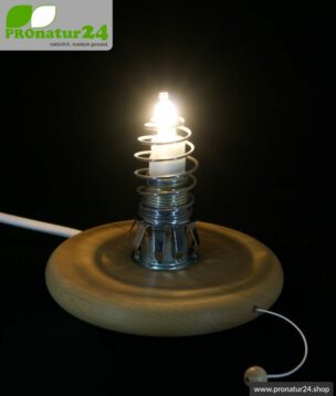 Shielded table lamp in cylinder form, mouth blown opal glass, 37 cm height, beech wood base, E27 socket, 40 Watt